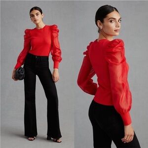 Anthropologie Red Sheer Sleeve Blouse